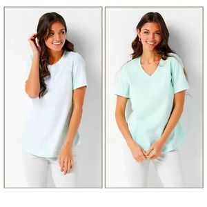 QVC Denim & Co. Perfect Jersey Set Of Two Short Sleeved Tops Lightmintgreen 3XL